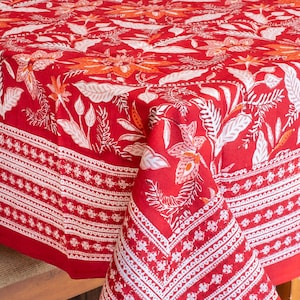 Cherry Red, White Floral Indian Hand Block Printed Rectangle Tablecloth, Cotton Table Cover, Halloween Party Tablecloth, Boho Table Decor