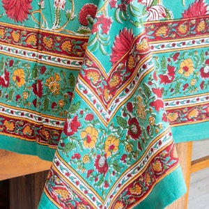 Aqua Green, Nappe florale rouge, Nappe imprimée en bloc, Couverture de table en coton, Nappe en coton rectangle, Nappe de fête d’Halloween