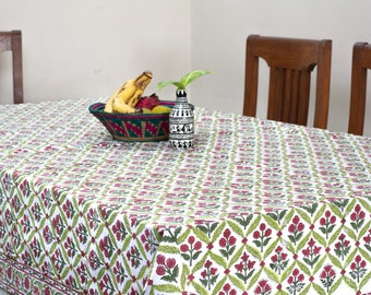 Tablecloth Rectangle with a Small Floral Hand Block Print on a White Background, Pure Cotton Durable Colorfast Machine Washable Table Cloth
