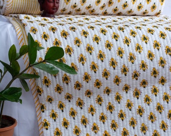 Bohemian Yellow Floral Design Pure Cotton BedCover Quilt With Pillow Cover Set - Beautiful Hand Block Print Queen Size Blanket/AC Comforter