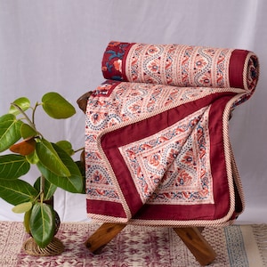 Red Floral Print Summer Throw Blanket/Queen Blanket For Sale/Pure Cotton Dohar/HandBlock Print Blanket/Retro Comforter/Thanksgiving Gift