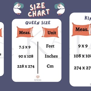 May include: Size chart for bedding, including Twin, Queen, and King sizes. Measurements are provided in feet, inches, and centimeters. The Twin size is 7.5 x 7 feet, 90 x 60 inches, or 228 x 152 cm.