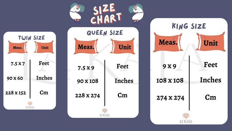 May include: Size chart for bedding, including Twin, Queen, and King sizes. Measurements are provided in feet, inches, and centimeters. The Twin size is 7.5 x 7 feet, 90 x 60 inches, or 228 x 152 cm.