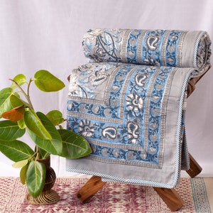 Indian Reversible Cotton Blanket/3 Layerd Dohar/HandBlock Print Blanket/Vintage Print Queen Blanket/Soft Cotton Comforter/Christmas Gift