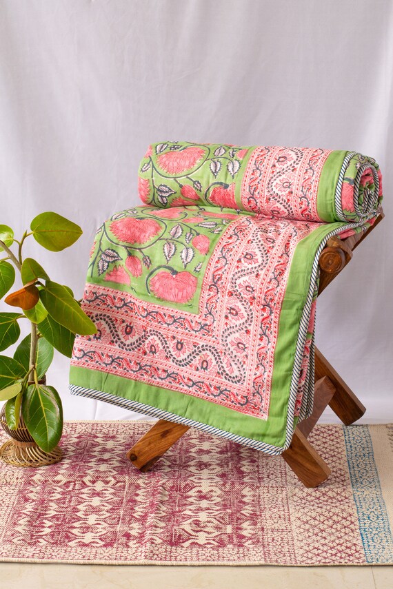Green Pink Floral Pattern Blanket/Vintage Block Print Throw Blanket/Pure Cotton Queen Dohar/Boho Winter Reversible Blanket/Thanksgiving Gift