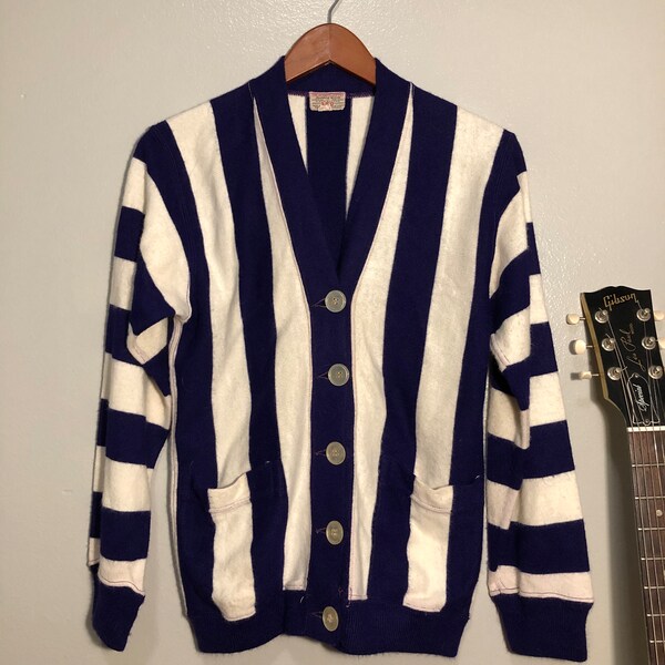 50s Vintage Vertical Striped Long Sleeved Cardigan Purple White Button 38 M