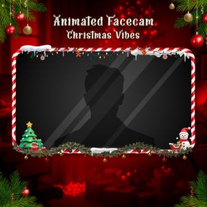 Puede incluir: Una superposición de facecam animada con temática navideña con un borde a rayas rojo y blanco. El diseño incluye un árbol de Navidad, un muñeco de nieve y el texto "Animated Facecam Christmas Vibes."