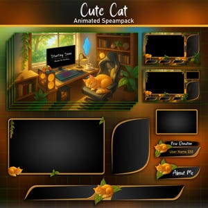 Niedliches Katzen Animiertes Twitch Overlay Bündel | Gemütliches Spielzimmer Raumpaket | Ab Bald Szenen | Gemütlicher Cat Streampack für OBS oder Streamlabs