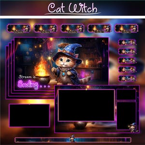Katze Hexe Animiertes Twitch Overlay Bündel: Kawaii VTuber Stream Pack (Digitaler Download)