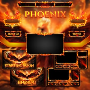May include: A digital overlay set for live streaming, featuring a fiery phoenix theme. The design includes frames for webcam, alerts, and a main display, all in shades of orange, red, and gold. Text elements include "PHOENIX", "Starting Soon", and "Ending".