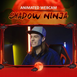 May include: A man wearing a grey baseball cap and a black shirt sits in a gaming chair in front of a computer screen. The background is a red and black design with the text "ANIMATED WEBCAM SHADOW NINJA".