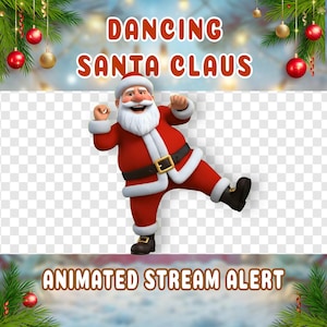 Könnte beinhalten: Animierte Grafik von Santa Claus, der tanzt und einen roten Anzug mit weißer Einfassung, einen schwarzen Gürtel und Stiefel trägt. Der Text "DANCING SANTA CLAUS" und "ANIMATED STREAM ALERT" wird oberhalb und unterhalb der Santa-Grafik angezeigt.