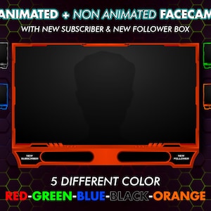 Animated Webcam/Facecam Border overlay - with new subscriber & new follower box - 5 different color (Red-Green-Blue-Black-Orange)