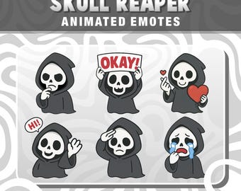 Puede incluir: Una colección de emoticonos animados con una parca con cara de calavera con una capa con capucha negra. La parca muestra varias expresiones, incluyendo sosteniendo un cartel que dice "OKAY!", un corazón y una burbuja de diálogo que dice "HI!". El texto "SKULL REAPER ANIMATED EMOTES" está en la parte superior.
