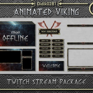 May include: Animated Viking Twitch Stream Package with a dark background featuring flames and lightning. The package includes an offline screen, a new subscriber alert, a welcome screen, and various panels for social media links, donations, merch, rules, and PC specs.