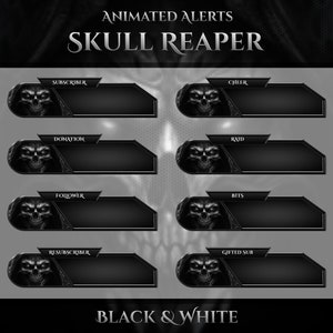 8x Animated Alerts Skull Reaper Black & White | Grayscale | BW | Grim Reaper | Twitch Overlay | Twitch Alerts