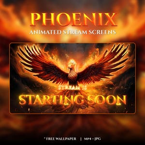 Può includere: Grafica digitale con un design di fenice infuocata. Il testo "PHOENIX ANIMATED STREAM SCREENS" e "STARTING SOON" è in oro. Lo sfondo è una miscela di fiamme arancioni e rosse.