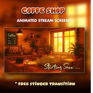 Puede incluir: Pantalla de transmisión animada con temática de cafetería. La imagen presenta un interior de café acogedor con mesas, sillas y un menú de café. El texto incluye "COFFE SHOP", "ANIMATED STREAM SCREENS" y "Starting Soon..."