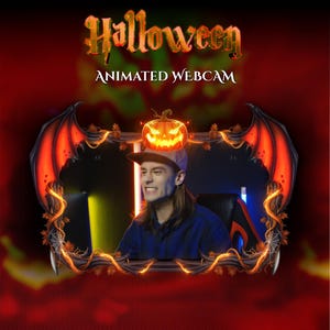 May include: A Halloween-themed animated webcam overlay with a smiling person wearing a baseball cap and a blue shirt. The frame is decorated with orange and brown leaves, spiderwebs, and bat wings. A glowing jack-o'-lantern sits atop the cap.