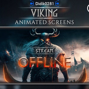 Peut inclure: Un guerrier viking avec un casque à cornes se tient devant un navire, tenant une grande hache. L'arrière-plan est un ciel sombre et orageux. Le texte "STREAM OFFLINE" est affiché sur l'image.