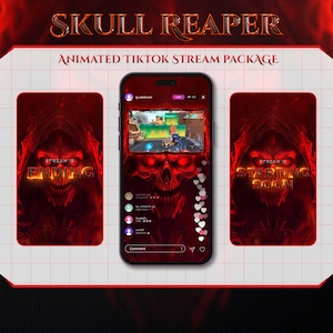 Puede incluir: Una pantalla de teléfono que muestra un paquete de transmisión en vivo de TikTok animado con una calavera de la muerte. La pantalla muestra una transmisión en vivo con un diseño de calavera de la muerte y el texto "STREAM IS ENDING" y "STREAM IS STARTING SOON".