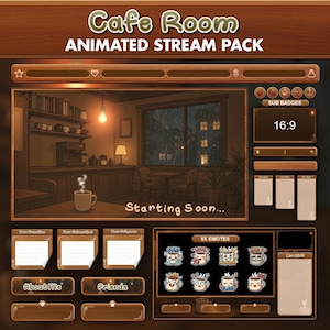 Könnte beinhalten: Ein animiertes Stream-Paket mit Café-Thema. Das Design zeigt ein gemütliches Café-Interieur mit einem Fenster mit Blick auf eine regnerische Nacht. Enthält animierte Elemente, Sub-Badges und Emotes. Der Text "Cafe Room" und "Animated Stream Pack" werden oben angezeigt.