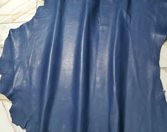 May include: A large, irregularly shaped piece of blue leather. The leather has a smooth, slightly glossy surface with natural wrinkles and folds. The edges are uneven, indicating it's a cut piece. The color is a deep, solid blue.