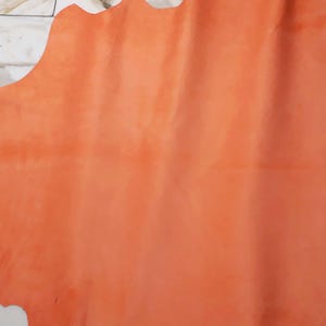 Pode incluir: Uma grande peça de couro laranja de formato irregular. O couro tem um acabamento liso e fosco e parece ser uma única pele não cortada. A cor é um tom vibrante e quente de laranja, com variações sutis de tom na superfície.