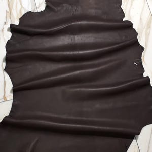 Può includere: Un grande pezzo di pelle marrone scuro di forma irregolare. La pelle ha una superficie liscia e leggermente lucida con pieghe e pieghe naturali. I bordi sono irregolari, mostrando la forma naturale della pelle. Questa pelle è adatta alla lavorazione.