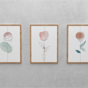 Conjunto de 3 desenhos de linhas de flores, arte de parede para impressão