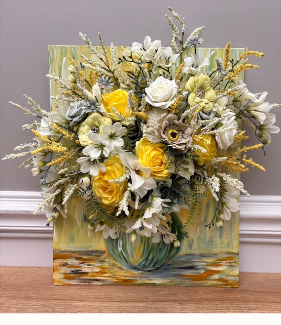 Custom 3D Floral Art – Hand-Painted Vase Canvas with Yellow Themed Silk and Foam Flower Arrangement