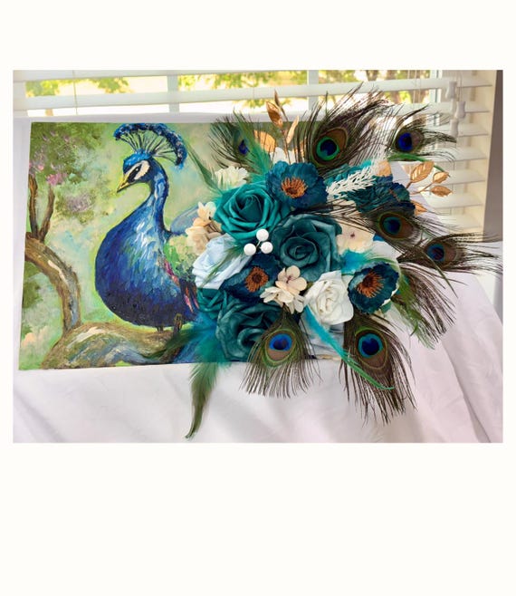Peacock-Inspired 3D Floral Art on Canvas | Hand-Painted Vase with Silk & Foam Flower Arrangement | Custom Wall Decor