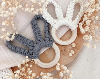 Macrame Rabbit Teething Ring | Baby Teething Ring with Bunny Ears | Teething Ring | Montessori Baby Toy | Boho Baby Shower Gift | Baby Shower Idea