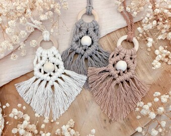 Macrame rearview mirror car pendant - Pearl - || Boho car decor | Mini macrame mirror pendant | Handmade gift idea for car lovers