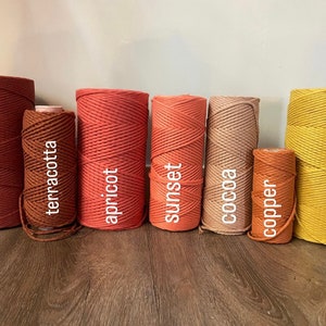 May include: Eight spools of cotton rope in various shades of red, orange, brown, and yellow. The spools are labeled with the color names: brick, terracotta, apricot, sunset, cocoa, copper, and mustard.