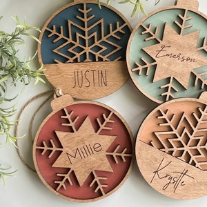 Personalized Snowflake Ornament, layered ornament, engraved wooden ornament, custom name ornament, 2024 ornament