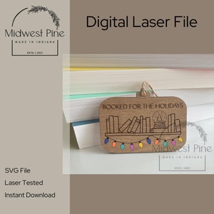 ホリデーシーズンに向けて予約、SVG デジタル ファイル、レーザー ファイル、クリスマス オーナメント、Glowforge、ブック オーナメント、本棚、クリスマス ライト