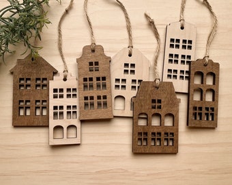 Set of wood house ornaments, Christmas house,  Christmas village ornaments, scandinavian houses, nordic style, wooden houses