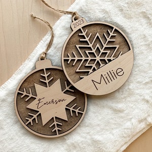 Personalized Snowflake Ornament, layered ornament, engraved wooden ornament, custom name ornament,