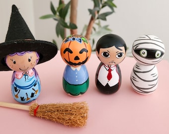 Halloween Peg Doll-Halloween Sensory Play-Cute Halloween Décor-Kid Friendly Halloween Toy-Witch Peg Doll-Pumpkin Head-Vampire Peg Doll-Mummy