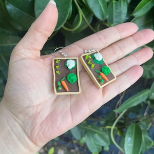 May include: A pair of earrings featuring a miniature garden scene with a brown wooden frame. The garden includes a small white cauliflower, green broccoli, orange carrots, and green leaves.