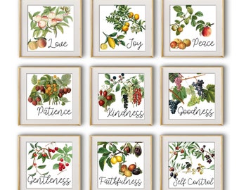 Conjunto de impresiones artísticas sobre el fruto del Espíritu / Galería de Escrituras en la pared / 9 descargas digitales de Frutos del Espíritu