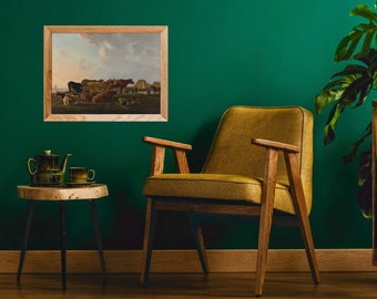 Obraz z krową w stylu vintage | Dekoracja ścienna z krową w stylu wiejskim | Dekoracja ścienna z angielską wsią | Obraz olejny z motywem pasterskiego życia | Sztuka ścienna z krową w stylu vintage
