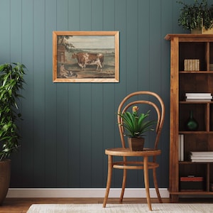 Vintage koe kunstprint | Boerderij muurdecoratie | Engels boerenkunstwerk op het platteland | Olieverfschilderij van stier | Pastoraal leven schilderij