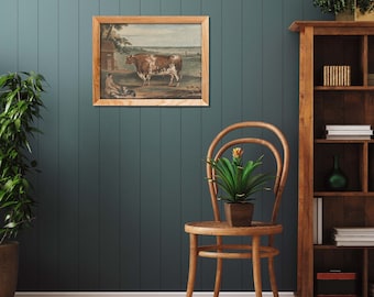 Sztuka z krową w stylu vintage | Dekoracja ścienna do domu w stylu wiejskim | Dzieło sztuki z życia na farmie w stylu angielskim | Obraz olejny przedstawiający byka | Obraz z życia pasterskiego