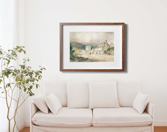 Pintura de acuarela de la iglesia / Casa de campo e iglesia en el campo Arte de la pared del pueblo / Arte de la pared del paisaje de la iglesia vintage / Decoración de la pared religiosa
