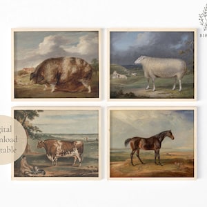 Vintage Farm Animal Wall Gallery Set | Horse Cow Pig Sheep English countryside farmhouse wall art | Digital Download