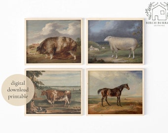 Vintage Farm Animal Wall Gallery Set | Horse Cow Pig Sheep English countryside farmhouse wall art | Digital Download