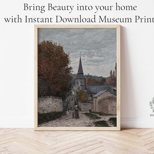 Vintage Church Oil Painting | Moody English Village Print | Mother and Son Walking Artwork | Digital Download | Vintage English Country Art