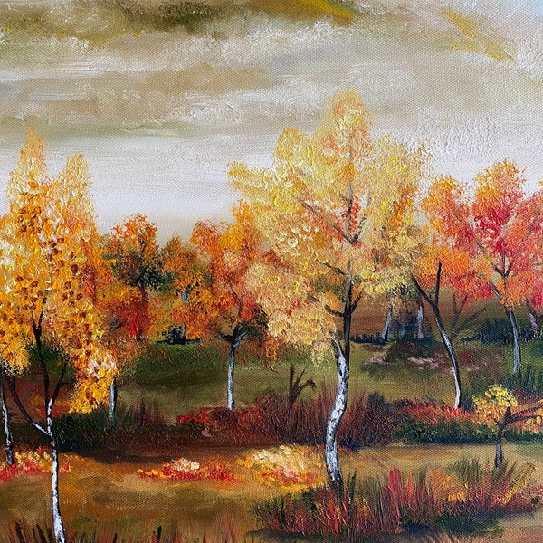 Tableau paysage d'automne / peinture nature/ brouillard d’automne/ les bouleaux/ cadeau crémaillère/ peinture couleurs vives